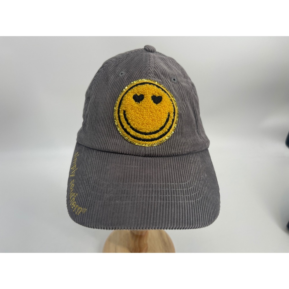 Simply Southern Corduroy Smiley Face Hat Gray Heart Eye Patch Gold Glitter OSFM